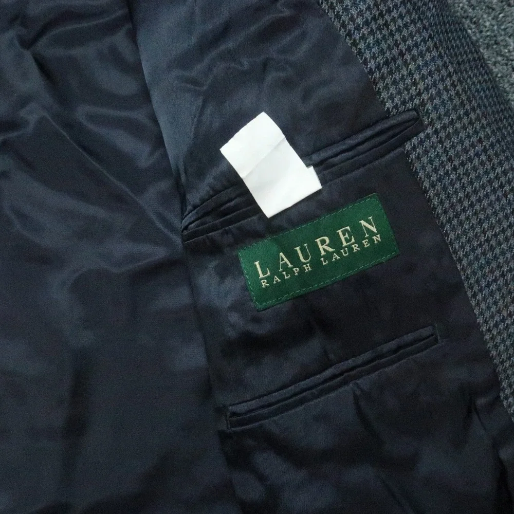 Lauren Ralph Lauren‎ Blazer Mens 44L Gray Blue Houndstooth Wool LRL Sport Coat